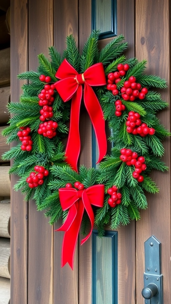 A festive Christmas wreath with greenery, berries, and a red ribbon on a wooden door.